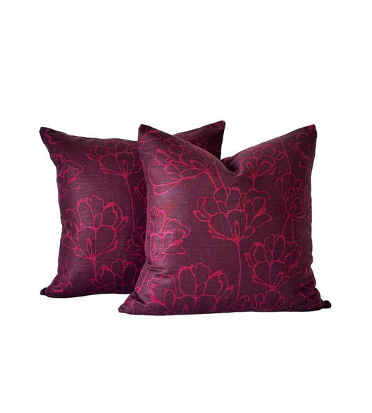 Designer dark maroon floral linen cushions with beautiful pink flowers