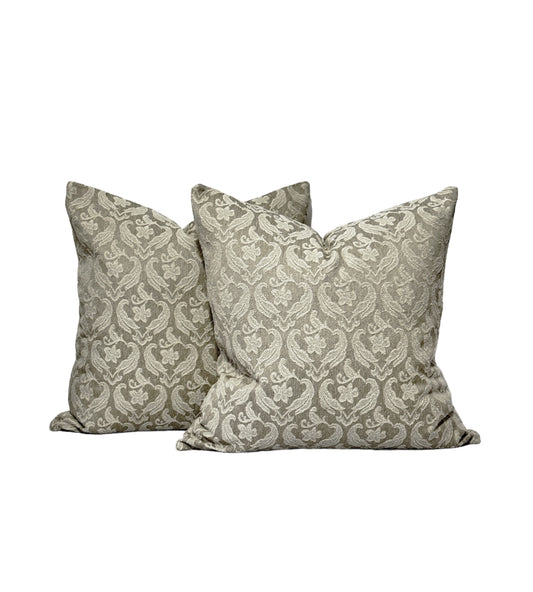 Vintage French brocade linen cushion cover in grayish beige colour