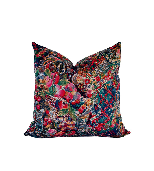 Pre-Raphaelite style vintage cotton cushions in reds and blues