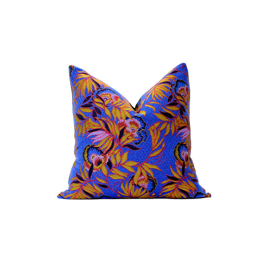 Vintage blue and gold floral wool cushion