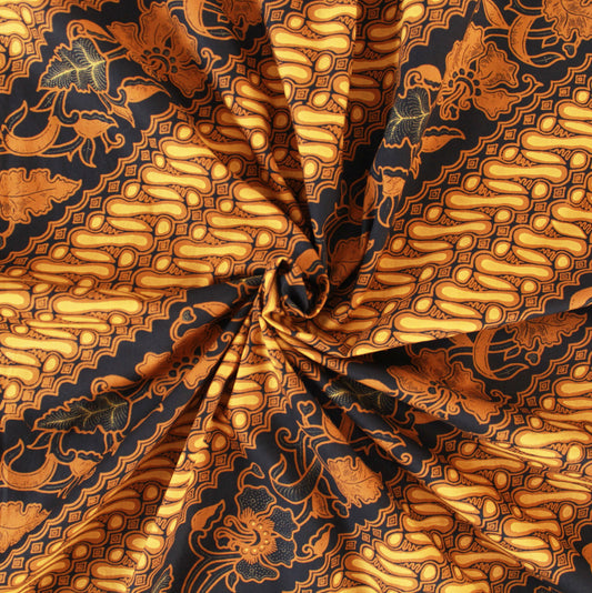 Indonesian Hand Stamped Batik Cap, Traditional Java Batik Handmade, Wax Resist Dyed Yogja Batik,  Brown and Yellow Batik