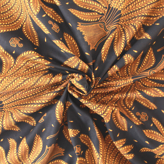 Indonesian Hand Stamped Batik Cap, Traditional Java Batik Handmade, Wax Resist Dyed Yogja Batik,  Brown and Yellow Batik